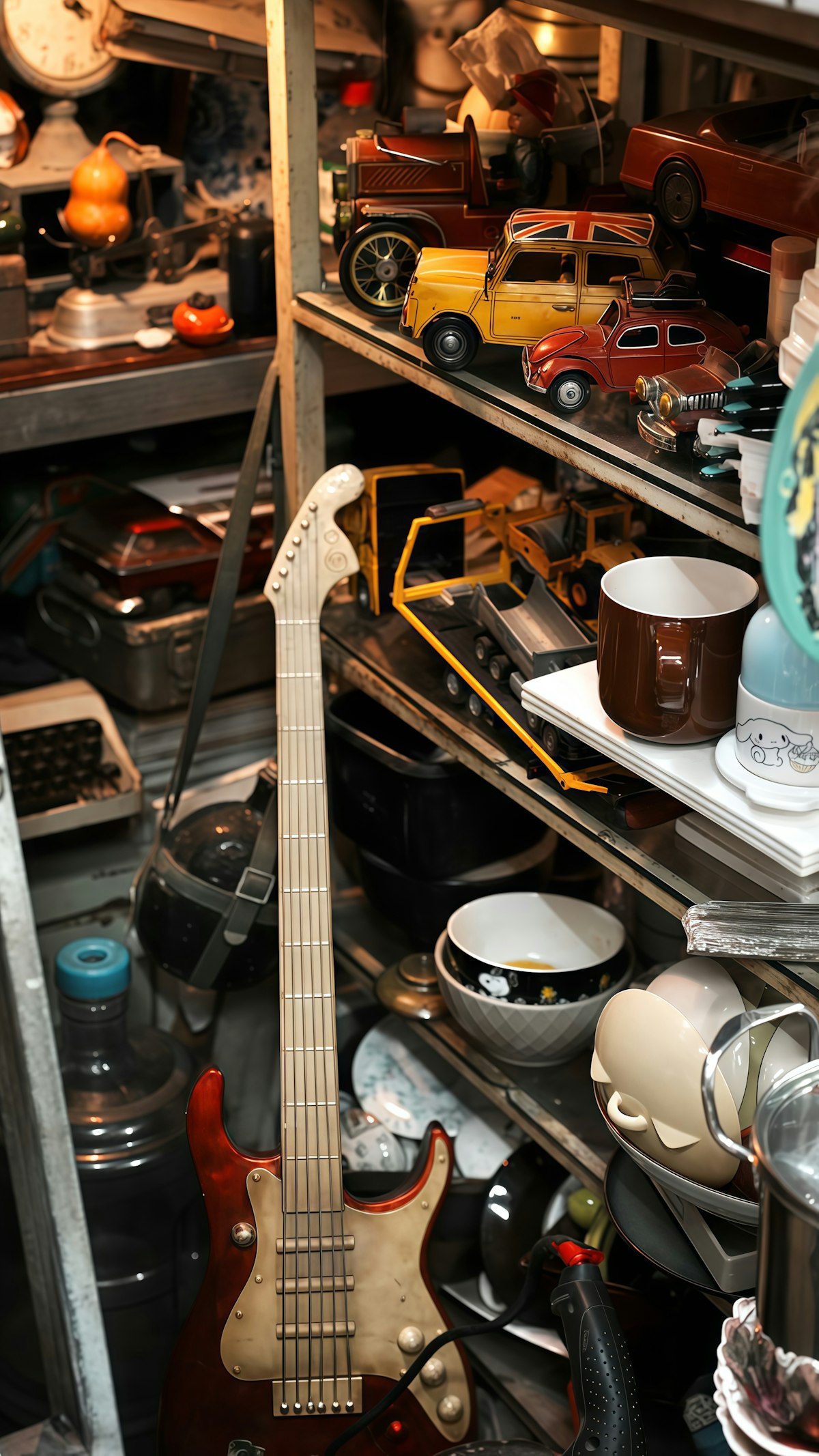 Cluttered shelves with guitar and toys